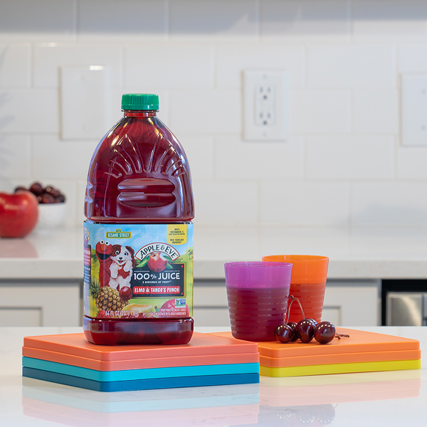 Elmo and Tango Juice bottle and glass of juice