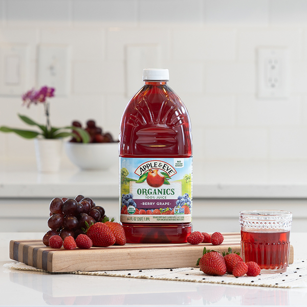 Organic Berry Grape Juice Bottle and Glass