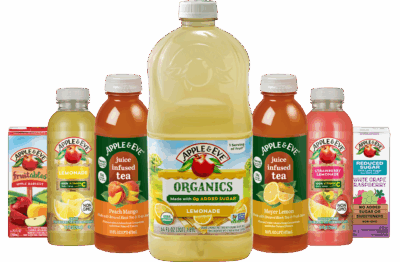 7 Apple and Eve Juice products. 1 Fruitables juice box, 1 Lemonade bottle , 1 Strawberry lemonade bottle, 2 juice infused teas, 1 white grape juice box and 1 large Organic Lemonade.