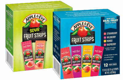 Package of two Apple and Eve Fruit Snacks: 1 multi pack and 1 sour grape fruit strips.