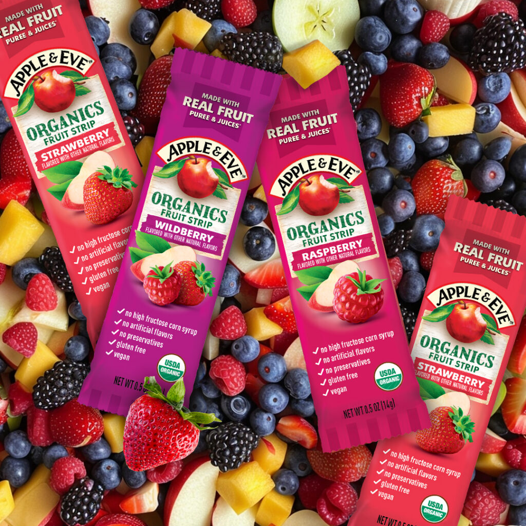 4 Organic fruit strips in a bed of fruit.